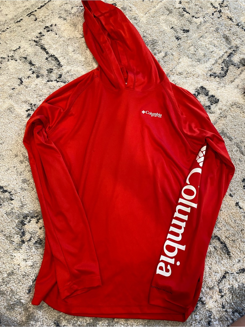 Columbia Red Hooded Long Sleeve Performance Top with White Sleeve Logo